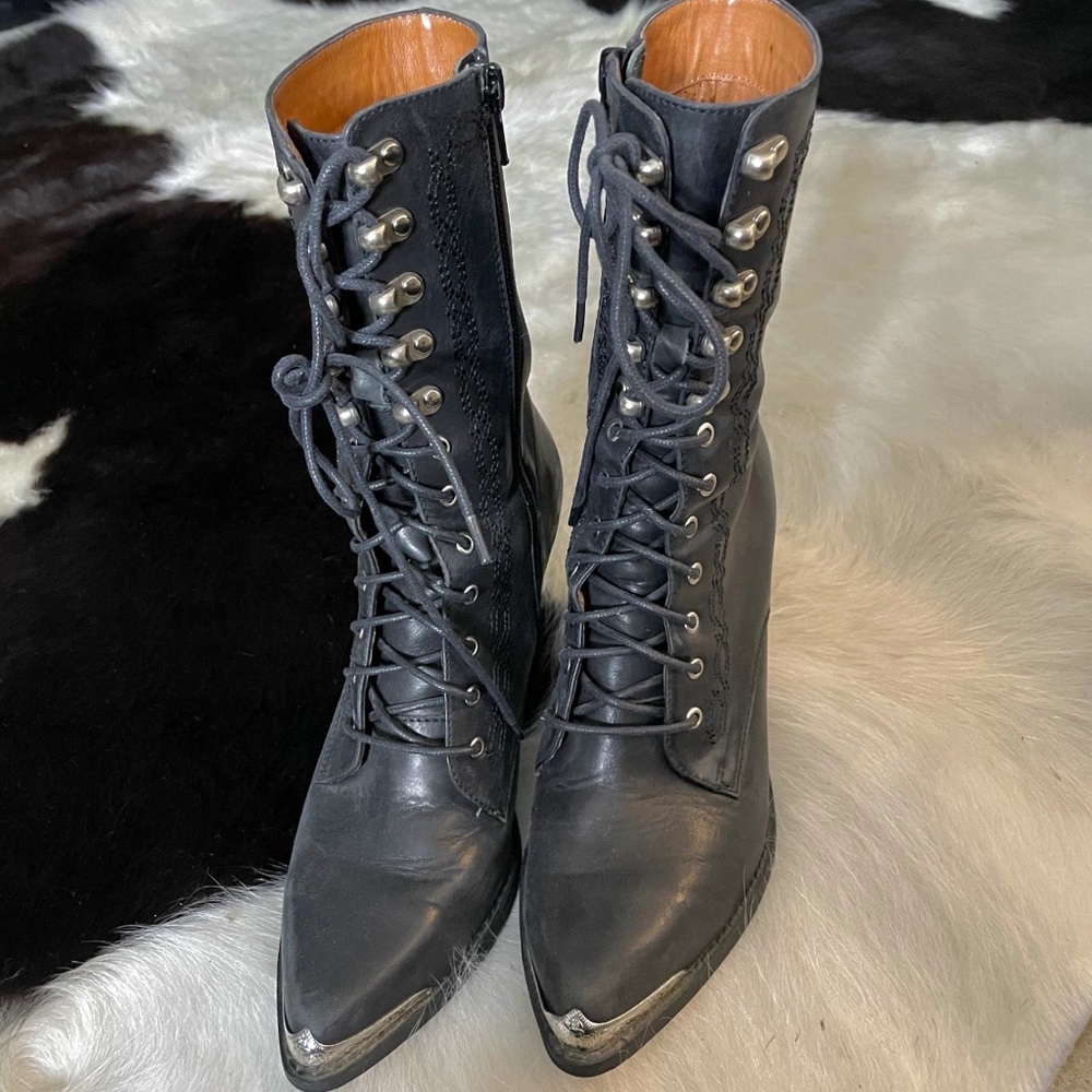 Jeffrey Campbell black leather western lace up boot